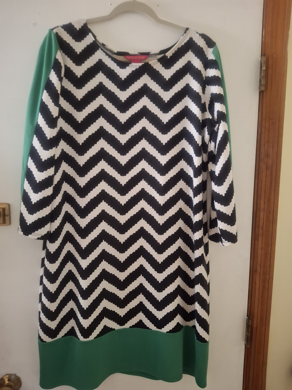 Sunny Leigh Black & White Chevron Dress with Green Accents